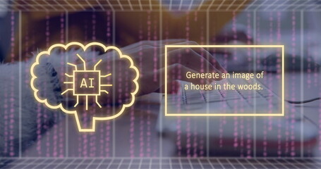 Poster - Typing on keyboard, person generating AI image of house in woods