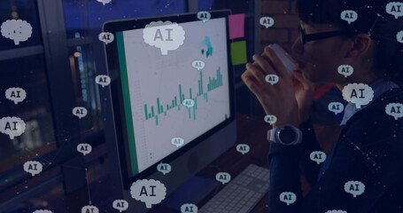 Poster - Analyzing data on computer screen, person drinking coffee in AI-themed workspace