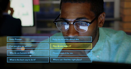 Poster - Using computer, man interacting with artificial intelligence interface for assistance