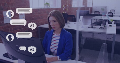 Poster - Working in office, woman using computer with AI chat interface for communication