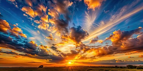 Poster - Sunset view with clouds providing a wide background, sunset, view, clouds, background, wide, sunrays, vibrant, colors