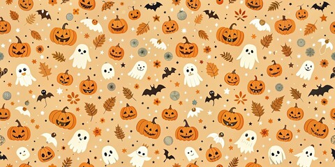 Poster - Light orange cute Halloween seamless pattern featuring adorable and spooky elements like pumpkins, ghosts, and bats