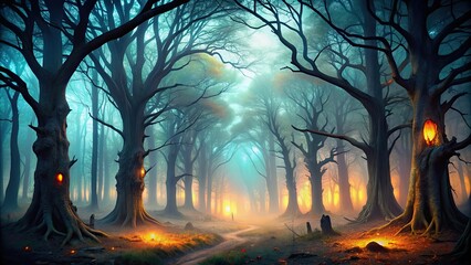 Wall Mural - Spooky forest with creepy trees enveloped in Halloween fog and darkness , Halloween, forest, spooky, creepy, trees, fog, dark