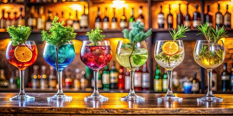 Canvas Print - Tree colorful gin tonic cocktails in glasses on bar counter, gin, tonic, cocktails, colorful, glasses, bar