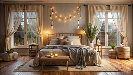 Sticker - Warm cozy bedroom with soft textiles creating a romantic atmosphere , bedroom, cozy, warm, soft, textiles, romantic