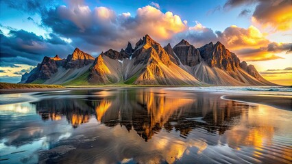 Sticker - Impressive view of Vestrahorn mountain on Stokksnes cape in Iceland during sunset, Vestrahorn, mountain, Stokksnes