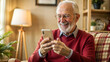 © NewFresh  - Senior man using mobile phone at home in the living room. Happy senior man using smartphone.