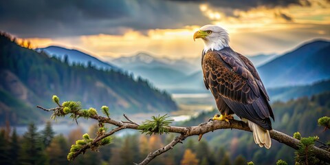 Poster - Majestic eagle perched on a tree branch, gazing over a serene landscape , mystical, eagle, nature, watching, majestic, bird