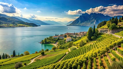 Wall Mural - Scenic view of Lake Garda country with hills and vineyards, scenic, lake, Garda, country, hills, vineyards