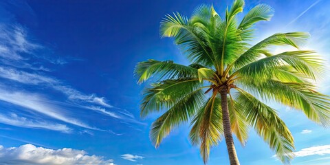 Sticker - Tropical palm tree with green fronds against a blue sky , nature, vacation, palm tree, tropical, tropical paradise, exotic