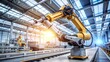 © NewFresh  - Smart industry robot arms for digital factory production technology showing automation manufacturing process of the Industry 4.0 or 4th industrial revolution and IOT software to control operation.