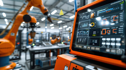 A computer display with a modern factory floor in the background