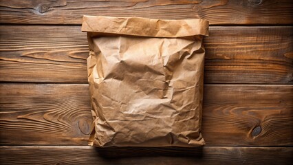 Wall Mural - Rustic, textured, brown kraft paper flour bag mockup with torn edges, crumpled corners, and subtle creases on a wooden table background.