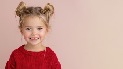 Caucasian girl in red sweater smile to copy space for text for advertising