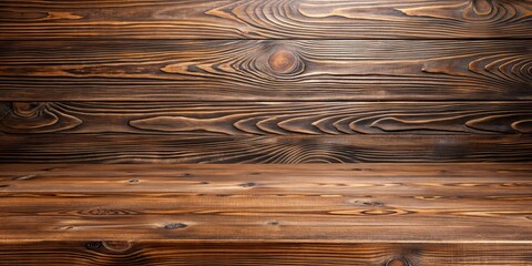 Poster - Wooden table with a brown grain texture top view against a wood wall background, wood, brown, grain, texture