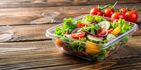 Sticker - Fresh vegetable salad served in a plastic container on a wooden table, lunch, fresh, vegetables, lettuce, salad, healthy, organic