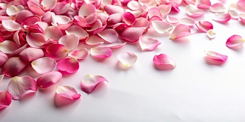 Poster - Softly scattered rose petals on a white background, romantic, delicate, spring, flower, pink, beauty, love, fragrant