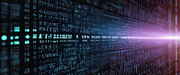 An abstract digital background with binary code and AI algorithms running in the background	