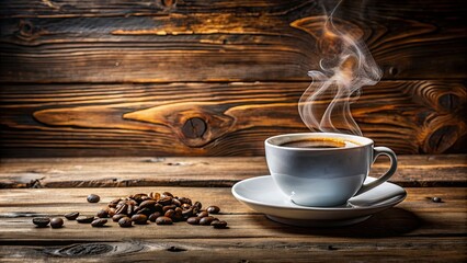 Sticker - Steaming cup of freshly brewed coffee on a rustic wooden table, morning, espresso, latte, cappuccino, drink, hot, beverage