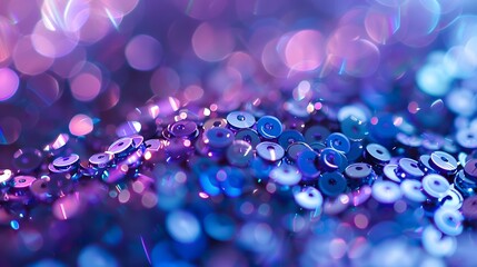 Wall Mural - Sequins close-up macro. Abstract background with blue sequins and lilac color on the fabric. Texture scales of round sequins with color transition.