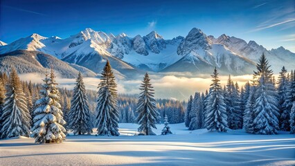 Sticker - Snow-capped mountains and pine trees in a serene winter landscape, winter, landscape, mountain, snow, trees, nature, scenic, cold