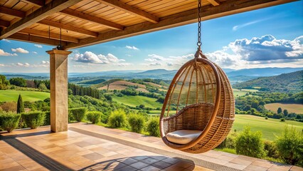 Poster - Wicker chair hanging from pergola on terrace with countryside view, serene, tranquil, peaceful, relaxation, wicker chair