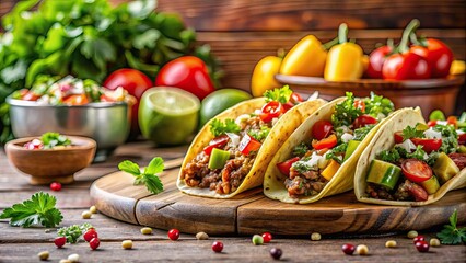 Poster - Tacos filled with delicious ingredients, with a bustling restaurant in the background, Mexican cuisine, street food