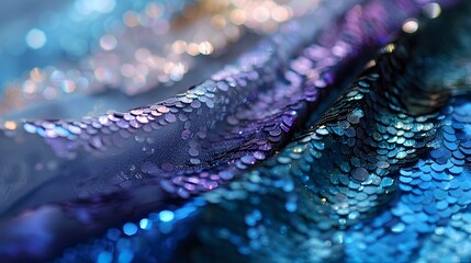 Wall Mural - Sequins close-up macro. Abstract background with blue sequins and lilac color on the fabric. Texture scales of round sequins with color transition.