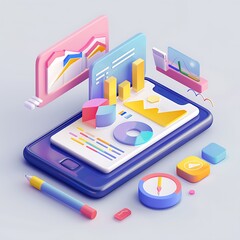 Poster - 3D illustration of a smartphone with various graphs and charts for data analysis