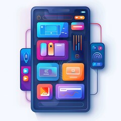 Poster - Illustration of a mobile phone displaying various app icons and widgets