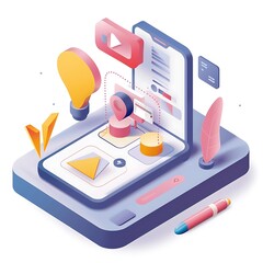 Poster - Isometric illustration of a smartphone with various apps and a light bulb representing an idea