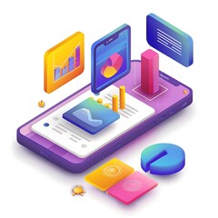 Poster - Isometric illustration of a smartphone with various colorful 3D elements representing data analysis statistics and information