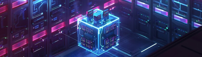 Poster - Glowing futuristic server room with a central glowing blue and pink server core