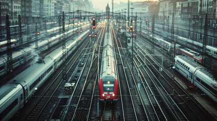 A panoramic view of an electric train network, showcasing multiple trains running on tracks in an organized manner