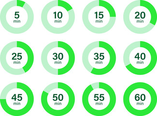 Set of vector green timers and stopwatches in 5-minute increments