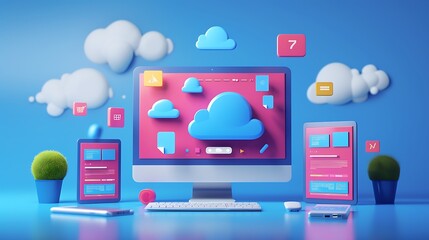 Poster - 3d illustration of a desktop computer and tablet with clouds and various icons representing a cloudbased storage system