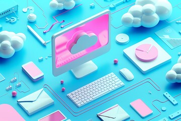 Poster - Pink and blue 3D illustration of a computer and office supplies