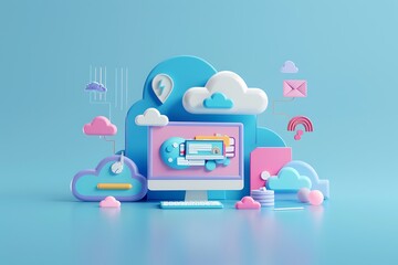 Poster - Whimsical 3D illustration of a desktop computer with clouds and pastel objects