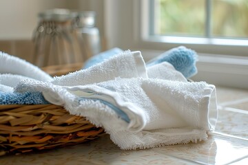 a basket filled with white towels on top of a counter