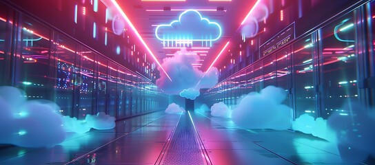 Poster - Glowing neon cloud inside futuristic server room with bright lights