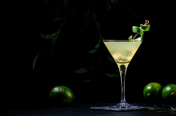 Wall Mural - Classic alcoholic cocktail with vodka, syrup, lime, juice and ice in martini glass, dark background