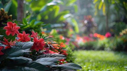 Vibrant red flowers in a lush, green garden, creating a serene and colorful nature scene.