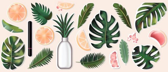 Creative arrangement of stickers, labels, and decals, highlighting a variety of designs and styles, emphasizing the versatility of adhesives, flat design illustration