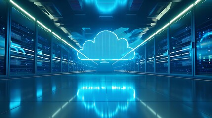 Poster - Glowing blue cloud in futuristic server room with bright lights