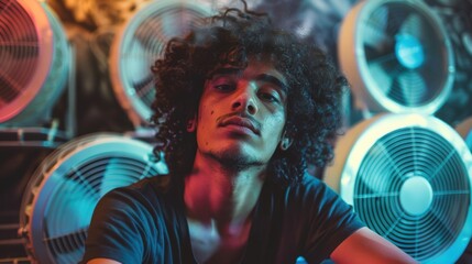 Wall Mural - A moody portrait of a young man surrounded by fans, illuminated by colorful neon lights, creating an edgy and artistic vibe.