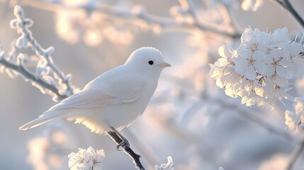 A delicate white bird perched on a frosty blossoming branch, capturing a serene and ethereal winter moment.