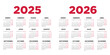 © Anis_ - Calendario 2025 2026 en español. Semana comienza el lunes. Sábados y domingos en rojo. Ilustración