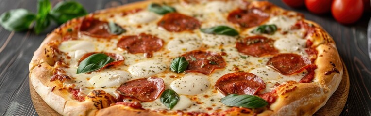 Wall Mural - Delicious Italian Pizza Margherita - Top View on Dark Table Background