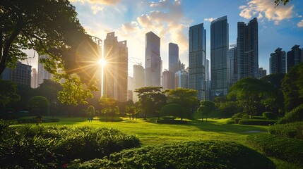 Wall Mural - Sunlit City Park with Skyscrapers in the Background