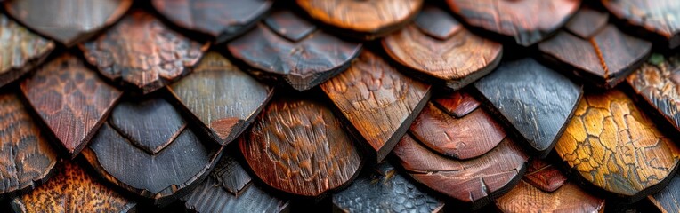 Wall Mural - Wooden Larch Fish Scale Cladding on Wall with Clapboard Texture Background in Vorarlberg